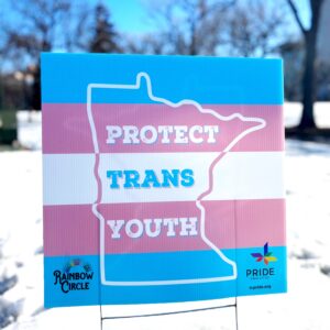 Lawn sign with trans flag colors for a back ground with state of Minnesota outline over it with the phrase Protect Trans Youth, with snow covered ground and trees in the background.
