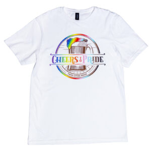 White t-shirt with rainbow colored logo with Cheers to Pride text and a beer mug inside a circle.