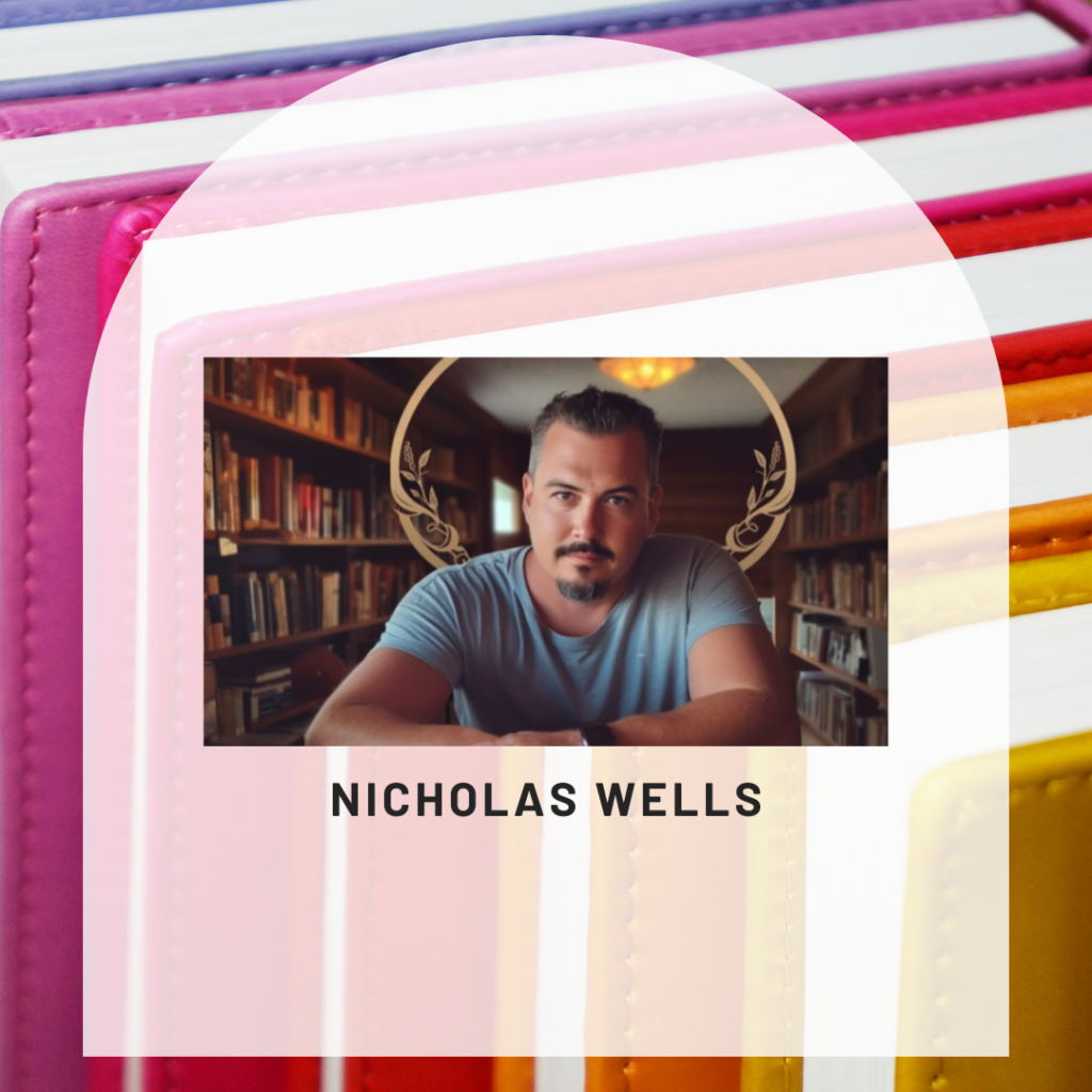 Picture of rainbow books with white arch in front if it that says "Nicholas Wells"