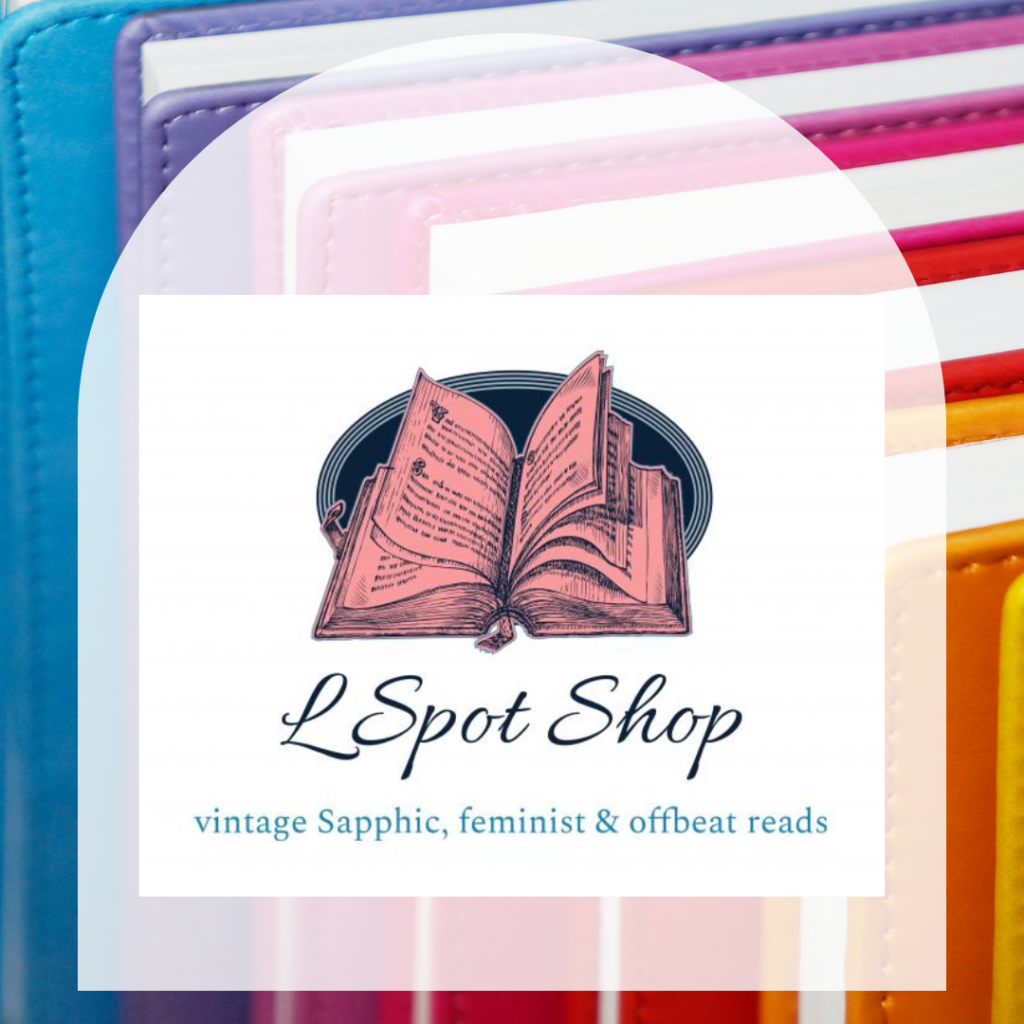 Picture of rainbow books with white arch in front if it that says "L Spot Shop"
