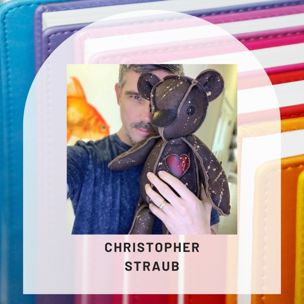 Picture of rainbow books with white arch in front if it that says "Christopher Straub"