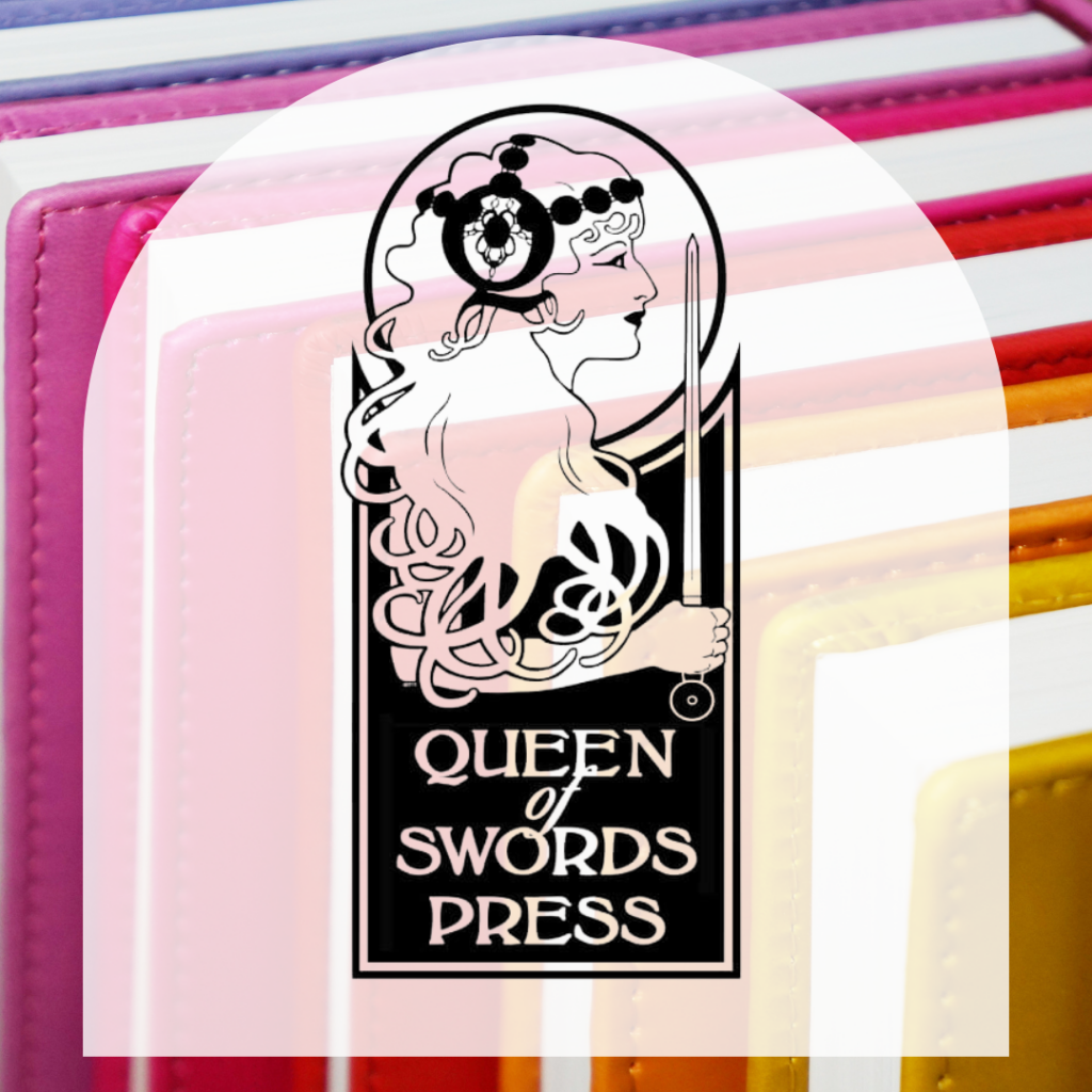 Picture of rainbow books with white arch in front if it that says "Queen of Swords press"