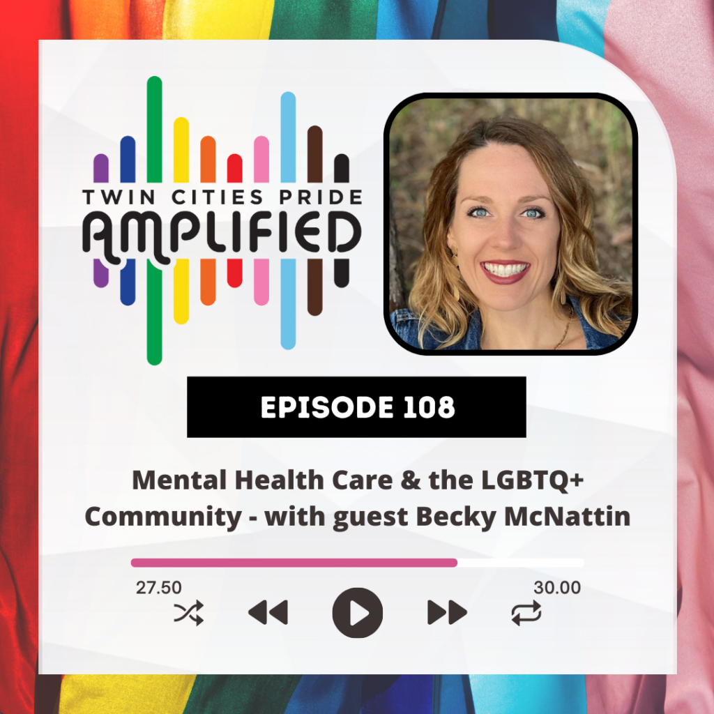 Pride flag background with the Twin Cities Pride Amplified logo, photo of Christopher Straub, "Episode 108 Mental Health Care & the LGBTQ+ Community - with guest Becky McNattin"