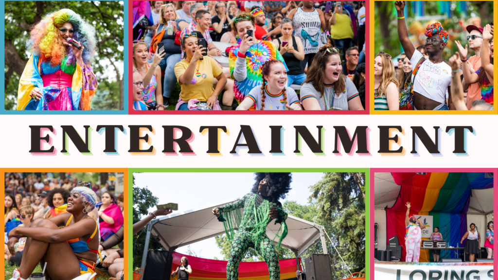 Grid of photos showing various performers at Pride and large outdoor crowds enjoying the performances.