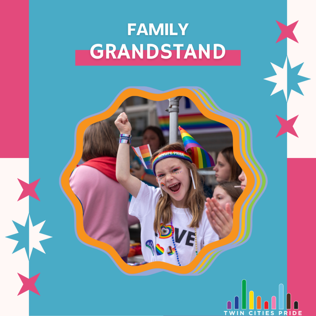 pink and blue graphics with text that says "family grandstand" with an image of a girl cheering at the parade in the family grandstand.